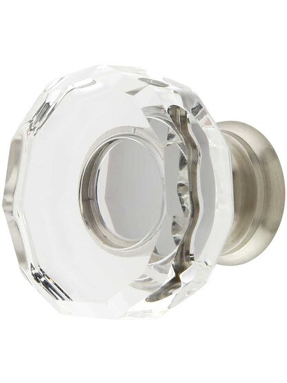 Lowell Crystal-Glass Cabinet Knob - 1 3/8 inch Diameter in Satin Nickel.